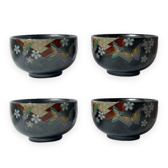 Japanese Pottery Bowl‎ 4pc Floral Butterfly Classic Metallic Color 5” Dinnerware - Picture 3 of 11
